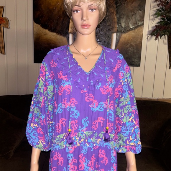Diane Freis • Vintage • Large • Purple/Pink W/ Ribbon Design~Ruffles/Tie • Dress - Picture 6 of 15